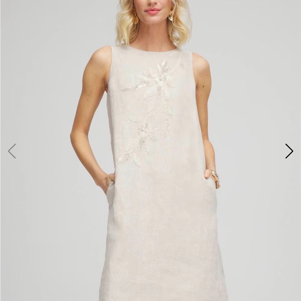Chico's Sleeveless Embroidered Linen Shift Dress in  Beige SOLD OUT 2-4